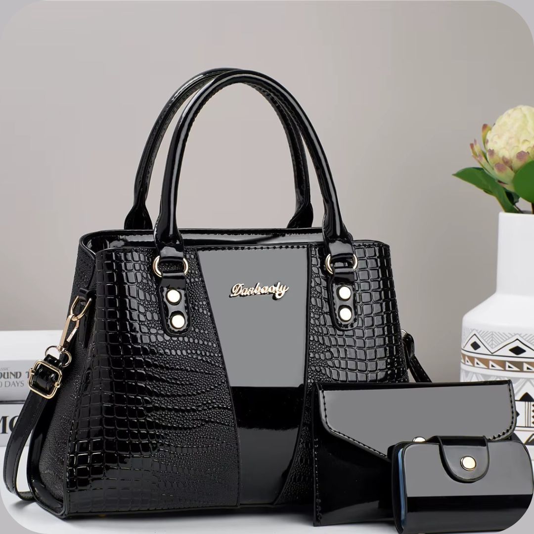 Set Borsa a Mano 3-in -1 in Vernice Effetto Coccodrillo