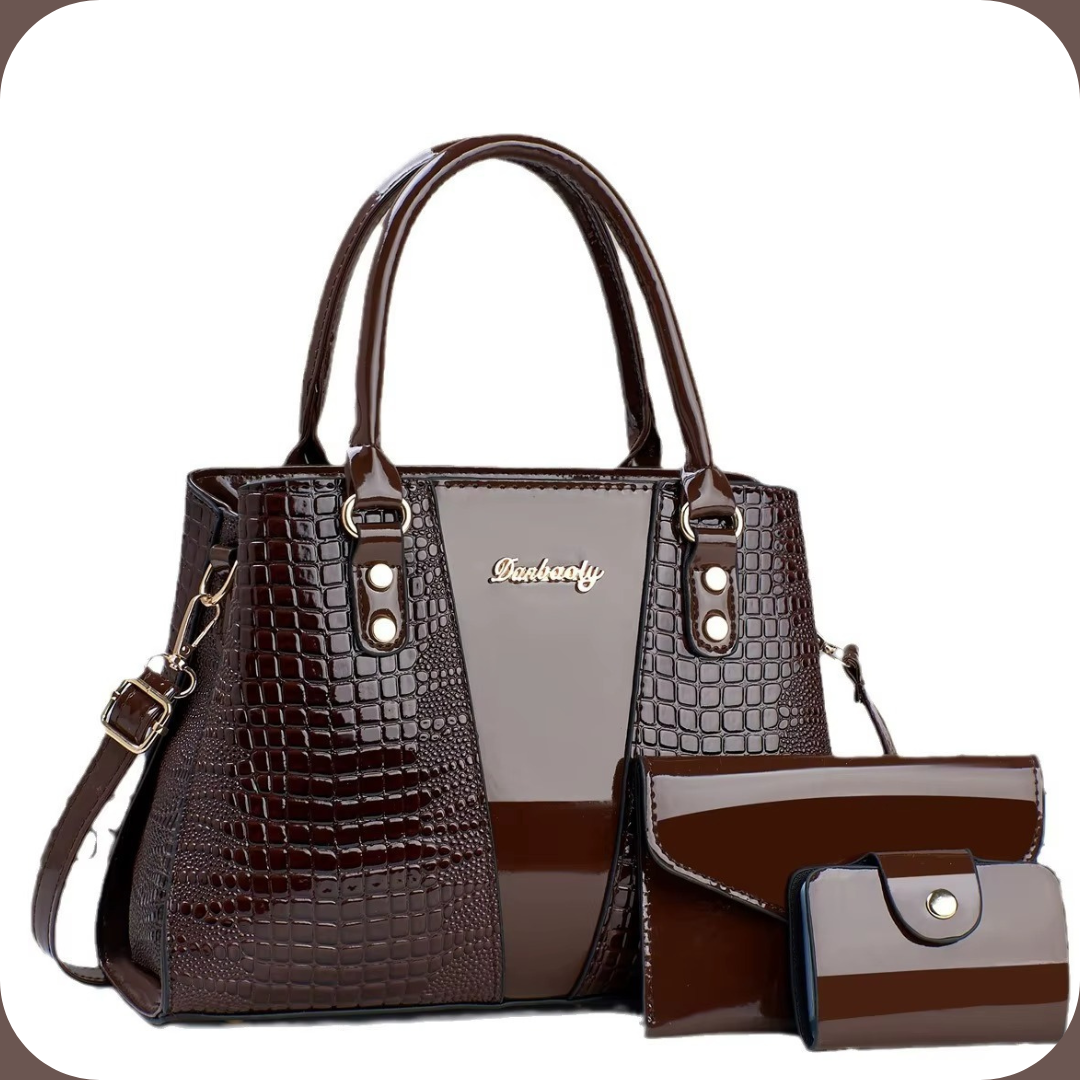 Set Borsa a Mano 3-in -1 in Vernice Effetto Coccodrillo