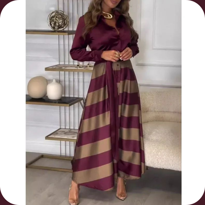 Vestito Elegante con Colletto a Camicia e Gonna a Strisce