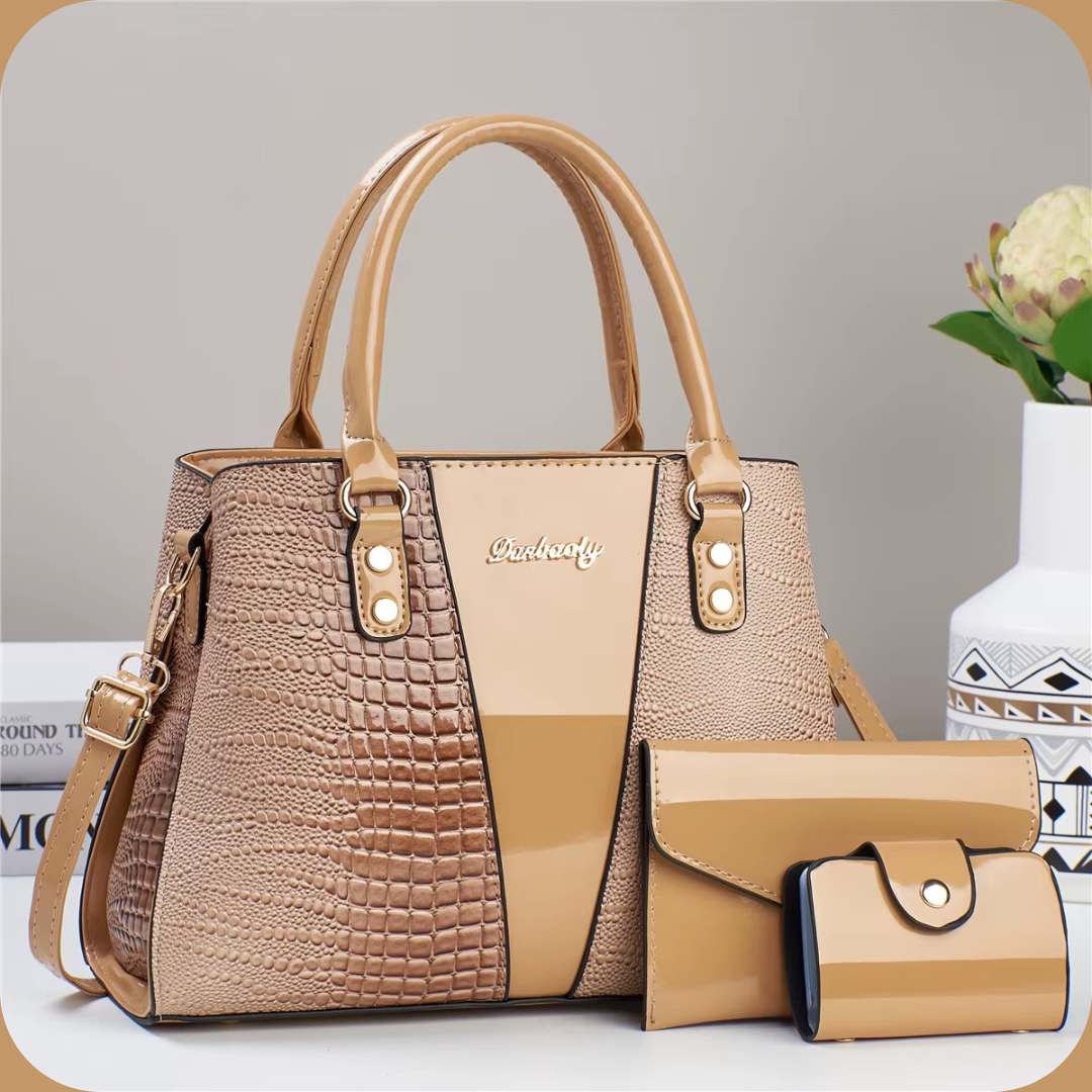 Set Borsa a Mano 3-in -1 in Vernice Effetto Coccodrillo