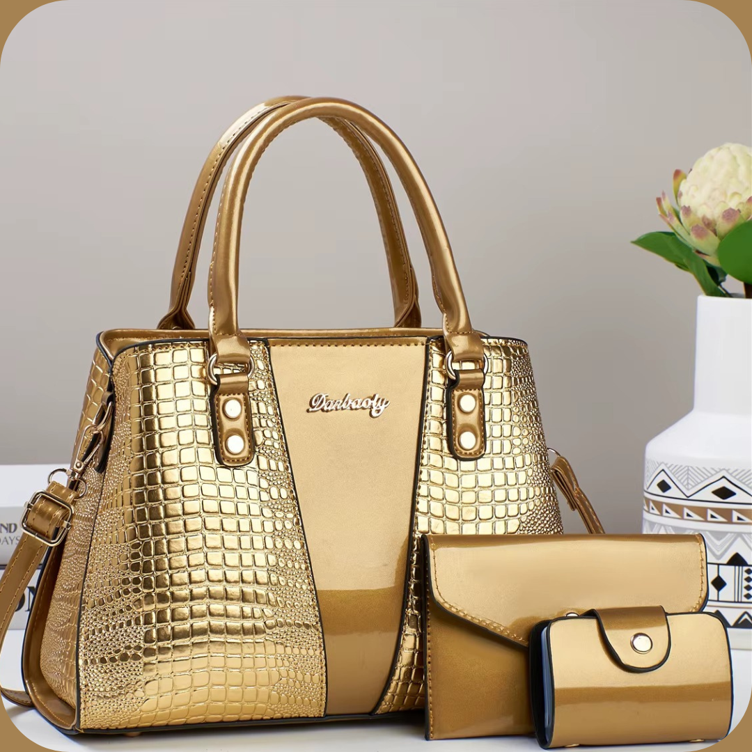 Set Borsa a Mano 3-in -1 in Vernice Effetto Coccodrillo